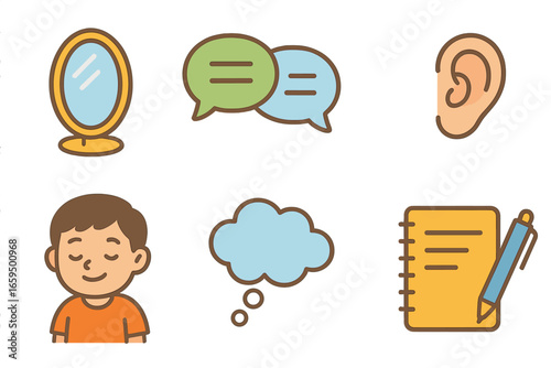 Reflective Listening Icons. Flat vector mini-illustrations reflective listening in colors children's illustrations: mirror icon,