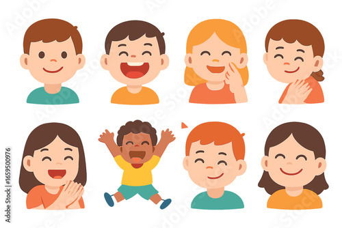 Joyful Kids Icons. Flat vector mini-illustrations kids’ laughter and fun in colors children's illustrations: smiling child,