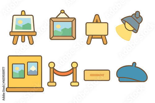 Children's Art Gallery. Flat vector mini-illustrations Gallery exhibition setup in colors children's