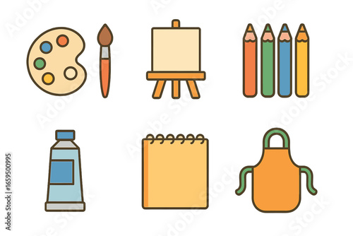 Children's Art Studio Essentials. Flat vector mini-illustrations artist studio in colors children's