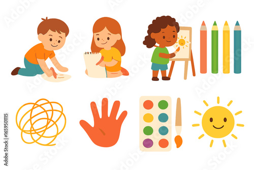 Children's Art Tools. Flat vector mini-illustrations children painting and drawing in colors children's