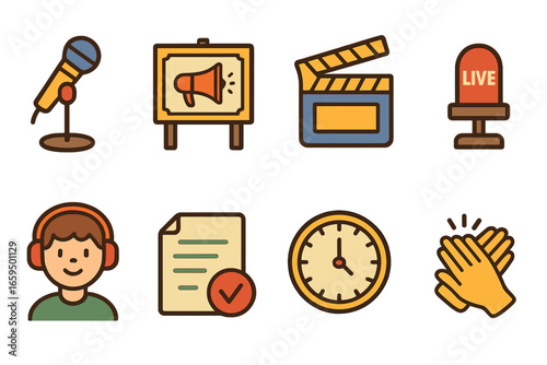 Children's Audio Performance Icons. Flat vector mini-illustrations Live audio ad performances in colors