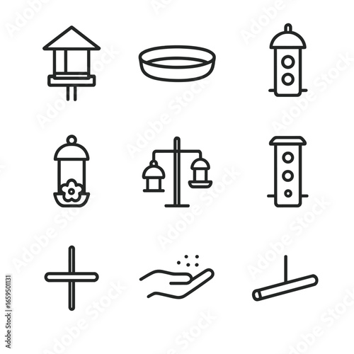 Bird Feeding Icons. Outline icon set of feeding equipment: bird feeder, water dish, seed tray, hanging feeder, nectar feeder,