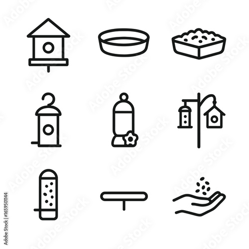 Bird Feeding Icons. Outline icon set of feeding equipment: bird feeder, water dish, seed tray, hanging feeder, nectar feeder,