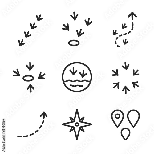 Bird Migration Icons. Outline icon set of bird migration footprints: flock trail, stopover prints, seasonal path, waterhole prints