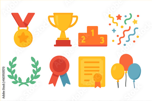 Children's Award Ceremony Icons. Flat vector mini-illustrations award ceremony celebration in colors