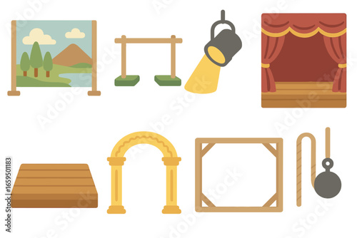 Children's Ballet Stage Icons. Flat vector mini-illustrations Ballet stage scenery in colors children's