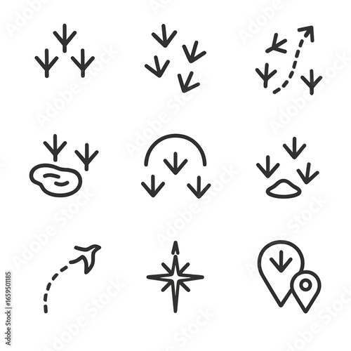 Bird Migration Icons. Outline icon set of bird migration footprints: flock trail, stopover prints, seasonal path, waterhole prints