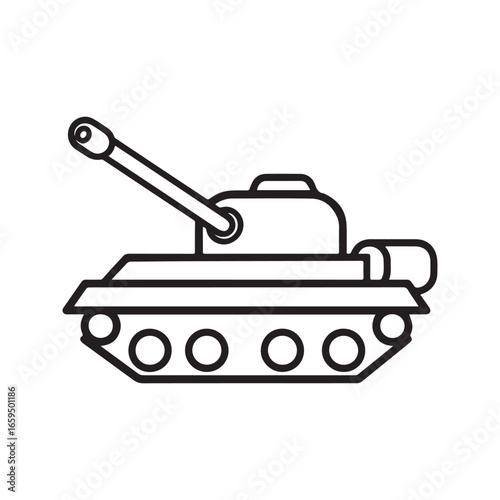 Simple tank line art illustration, military armored vehicle outline for coloring book or icon.
