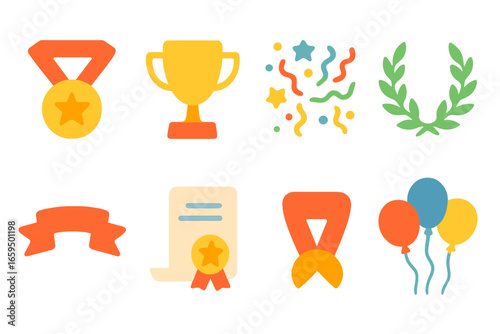 Children's Award Ceremony Icons. Flat vector mini-illustrations award ceremony celebration in colors