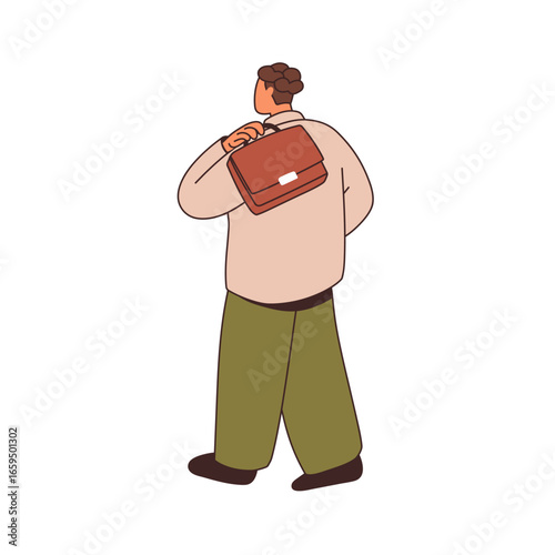 Man walking away with briefcase over shoulder. Business person going, leaving work, behind back view. Office worker, employee carrying bag. Flat vector illustration isolated on white background