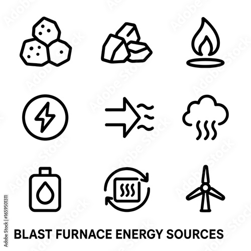 Blast Furnace Energy Icons. Outline icon set of blast furnace energy sources: coal, coke, natural gas, electricity, hot air blast,