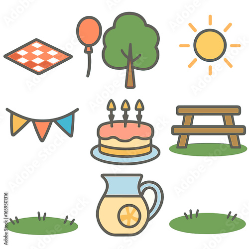 Children's Birthday Picnic. Flat vector mini-illustrations birthday party outdoors in colors children's