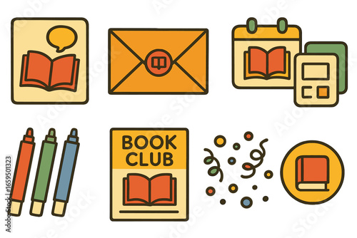 Children's Book Club Icons. Flat vector mini-illustrations book club invitations and materials in colors