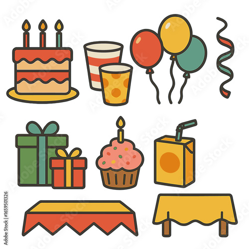 Children's Birthday Icons. Flat vector mini-illustrations birthday party table in colors children's