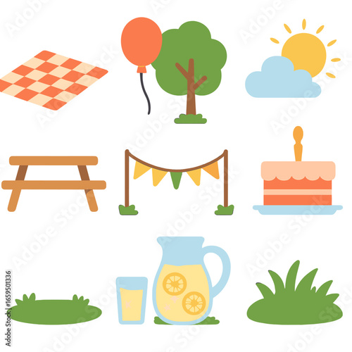 Children's Birthday Picnic. Flat vector mini-illustrations birthday party outdoors in colors children's