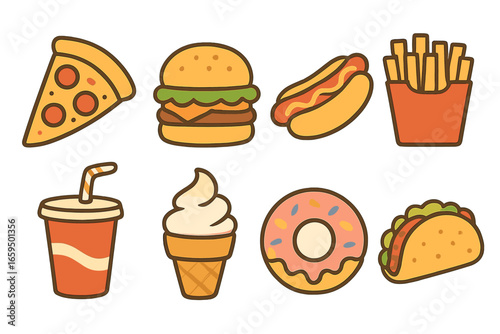 Kids' Fast Food Icons. Flat vector mini-illustrations Fast food in colors children's illustrations: pizza slice, hamburger, hot