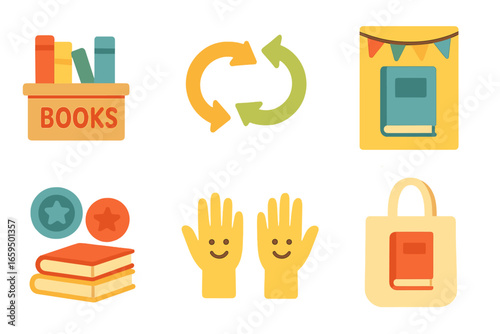 Children's Book Exchange Icons. Flat vector mini-illustrations book exchange events in colors children's