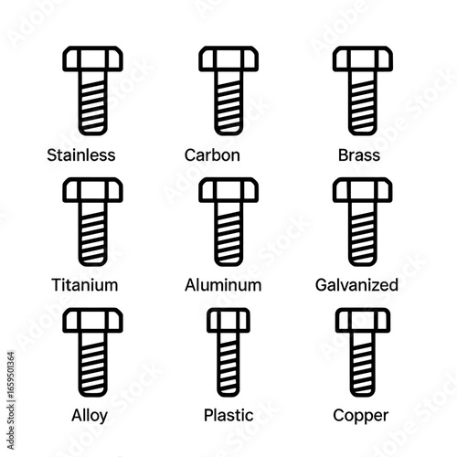Bolt Icon Set. Outline icon set of bolt materials: stainless steel bolt, carbon steel bolt, brass bolt, titanium bolt, aluminum