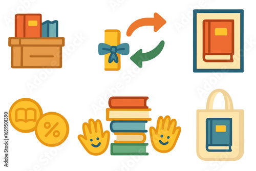 Children's Book Exchange Icons. Flat vector mini-illustrations book exchange events in colors children's