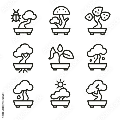 Bonsai Care Icons. Outline icon set of bonsai health issues: pests, fungus, leaf spots, root rot, dehydration, nutrient deficiency