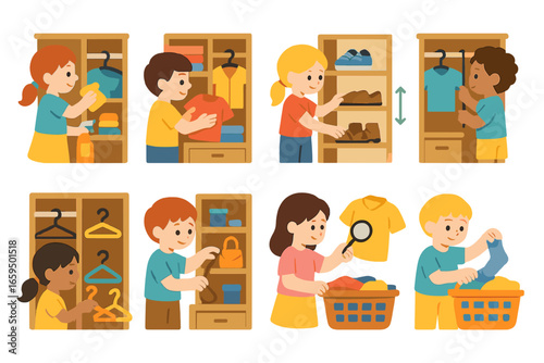 Children's Closet Care Icons. Flat vector mini-illustrations closet maintenance in colors children's