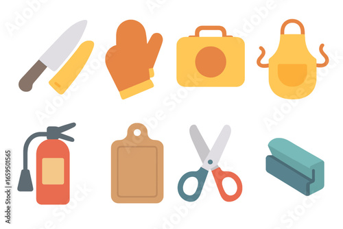 Kitchen Safety Essentials. Flat vector mini-illustrations kitchen safety in colors children's illustrations: knife with sheath,