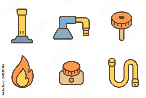 Bunsen Burner Diagram. Flat vector mini-illustrations bunsen burner parts in colors children's illustrations: burner tube, base,