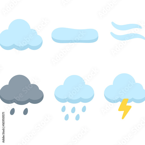 Children's Cloud Types. Flat vector mini-illustrations Types of clouds in colors children's illustrations: