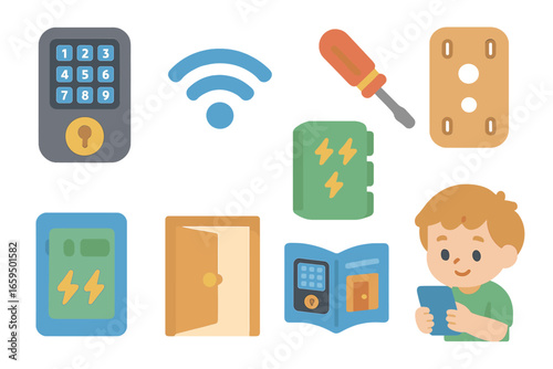 Smart Lock Installation. Flat vector mini-illustrations smart lock replacement in colors children's illustrations: smart lock