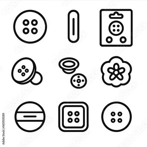 Button Icons Grid. Outline icon set of clothing buttons: sew button, buttonhole, button pack, button shank, button snap,