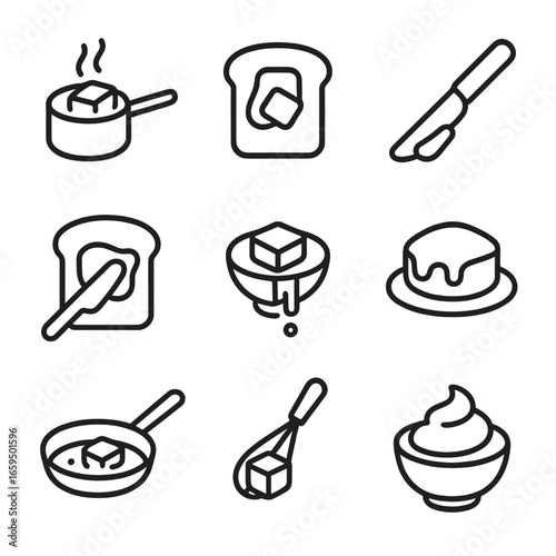 Buttery Cooking Icon Set. Outline icon set of buttery cooking elements: butter melting pan, buttered toast, butter knife, butter