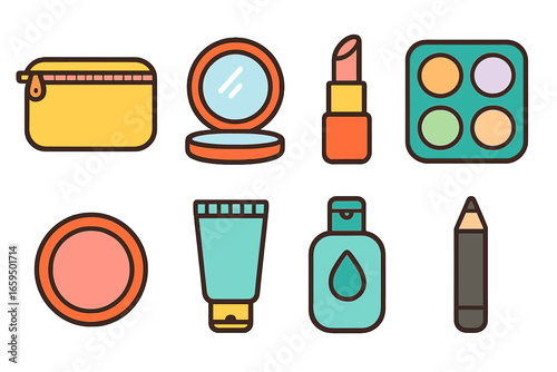 Children's Cosmetic Icons. Flat vector mini-illustrations multifunctional cosmetic bag in colors children's