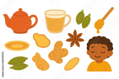 Spiced Chai Delight. Flat vector mini-illustrations spiced chai service in colors children's illustrations: teapot, chai latte,