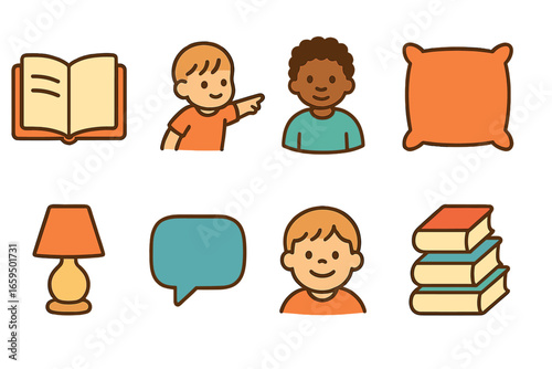 Sports and Storytime Icons. Flat vector mini-illustrations sports playdates in colors children's illustrations: soccer ball, goal