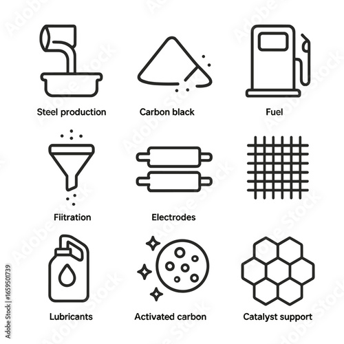 Carbon Industry Icon Set. Outline icon set of carbon usage in industry: steel production, carbon black manufacturing, fuel,