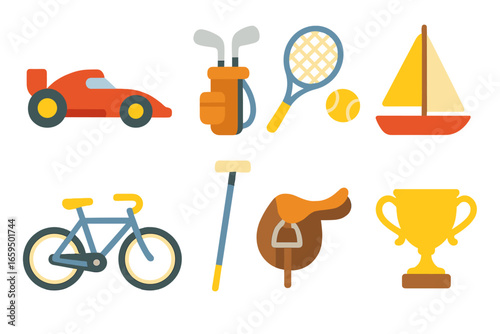 Luxury Sports Icons. Flat vector mini-illustrations luxury sports in colors children's illustrations: racing car, golf clubs,