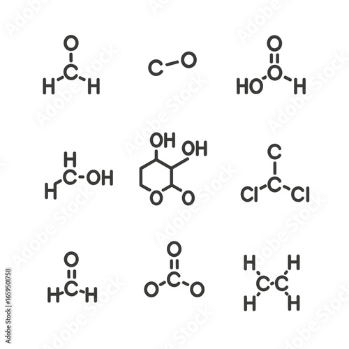 Carbon Compounds Icons. Outline icon set of carbon compounds: methane, carbon monoxide, carbonic acid, ethanol, glucose, carbon