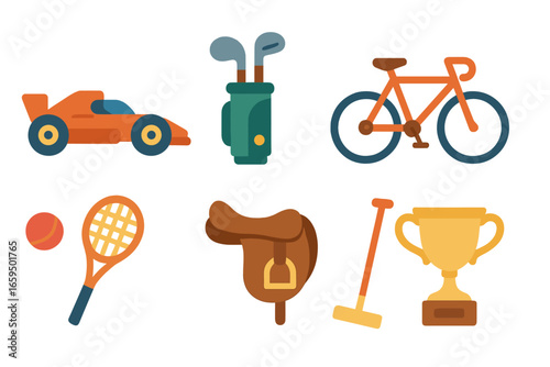 Luxury Sports Icons. Flat vector mini-illustrations luxury sports in colors children's illustrations: racing car, golf clubs,