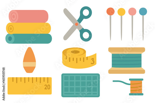 Children's Craft Tools. Flat vector mini-illustrations cutting and measuring in colors children's