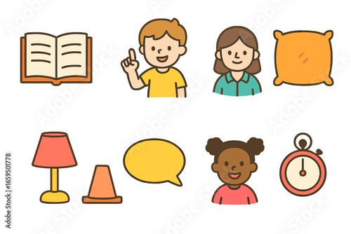 Sports and Storytime Icons. Flat vector mini-illustrations sports playdates in colors children's illustrations: soccer ball, goal