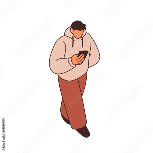 Young man walking with mobile phone. Male in hoodie scrolling internet, going...