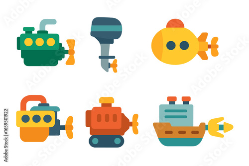 Marine Engines for Kids. Flat vector mini-illustrations marine engines in colors children's illustrations: ship engine, outboard