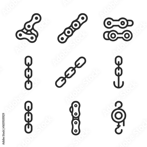 Chain Icon Collection. Outline icon set of chain applications: bicycle chain, motorcycle chain, conveyor chain, lifting chain,