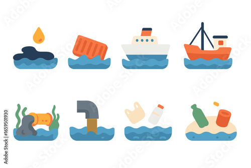 Marine Pollution Icons. Flat vector mini-illustrations marine pollution sources in colors children's illustrations: oil spill,
