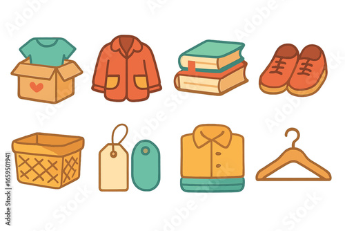 Children's Donation Icons. Flat vector mini-illustrations decluttering and donating in colors children's