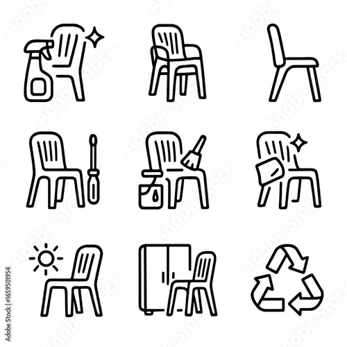 Chair Maintenance Icons. Outline icon set of plastic chair maintenance: cleaning, stacking, folding, repairing, painting,
