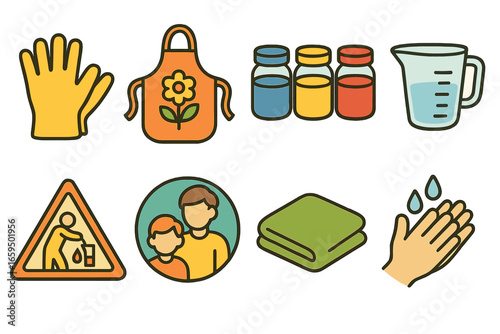 Children's Dye Safety Icons. Flat vector mini-illustrations of dye safety for kids in colors children's
