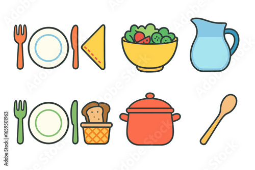Children's Dinner Illustrations. Flat vector mini-illustrations dinner table setup in colors children's
