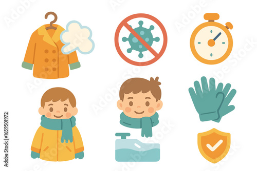 Steam Sanitizing Icons. Flat vector mini-illustrations steam sanitizing outerwear in colors children's illustrations: coat on hook